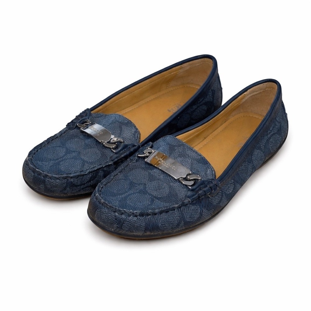 Coach Olive Loafers Women 7.5 Gray Black Signature Monogram Canvas Logo Bar Mocs